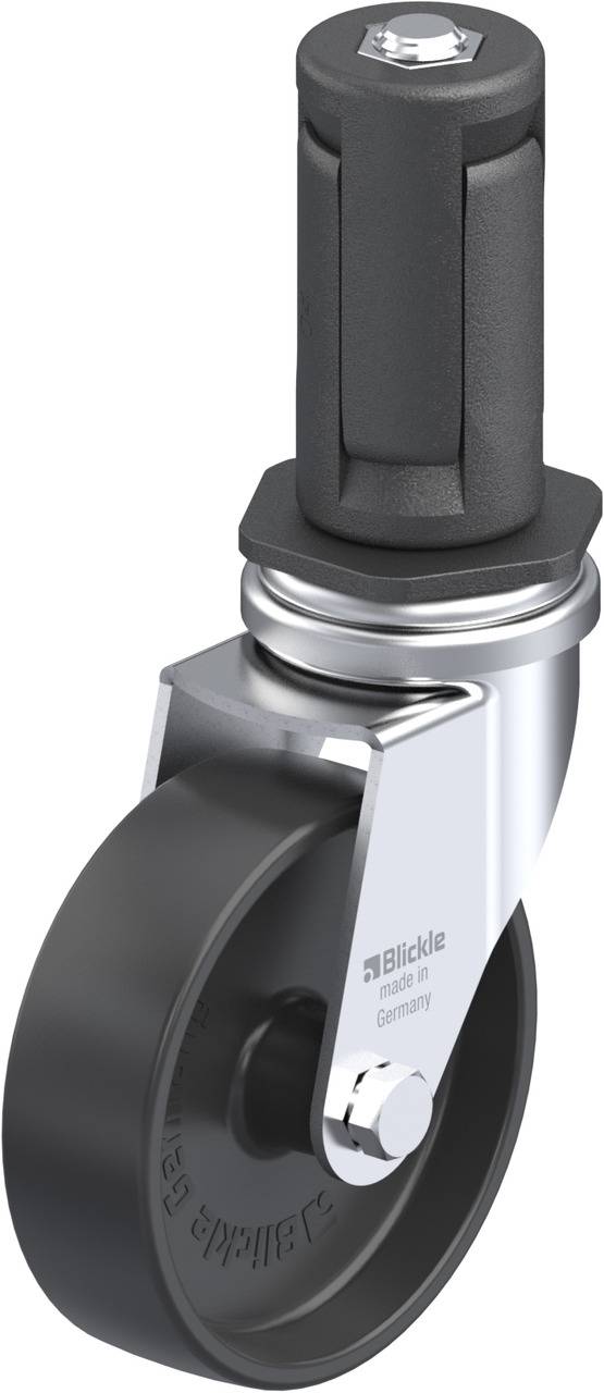 Schwenkrolle mit grauem Rad und schwarzem Gehäuse. Gezeigtes Produkt von 'Blickle', hergestellt in Deutschland.