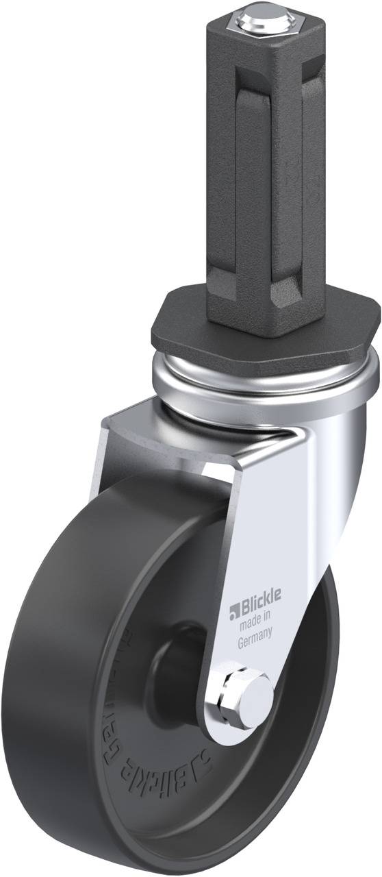 Schwenkrolle mit grauem Rad und schwarzer Halterung von Blickle, geeignet für Transportgeräte. Dekorative Darstellung.