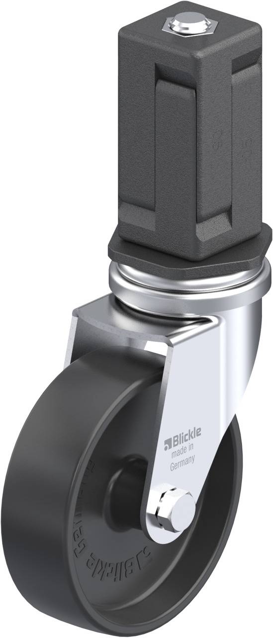 Schwenkrolle mit schwarzem Rad und silbernem Gehäuse, befestigt durch ein vertikales Vierkantrohr. Markenname und Herkunft sichtbar.