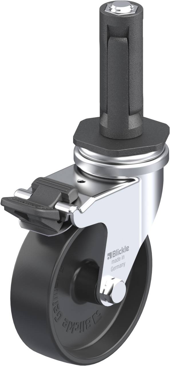 Industrie-Rolle mit schwarzem Rad, silbernem Gehäuse und Bremsmechanismus. Eine Achse ragt nach oben.
