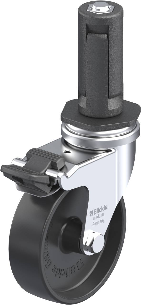Industrie-Schwenkrolle mit schwarzem Gummirad und Metallgehäuse. Ausgestattet mit einem Befestigungsstift und Bremsmechanismus.