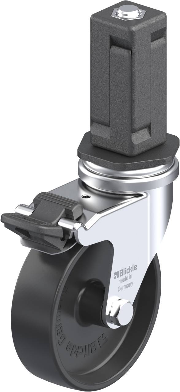 Rolle mit schwarzem Rad und silbernem Gehäuse, geeignet für industrielle Anwendungen. Vorderansicht zeigt Bremssystem und Halterung.
