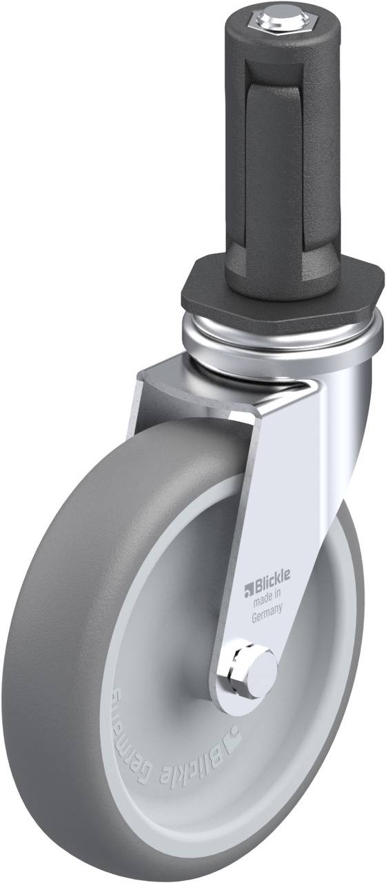 Schwenkrolle mit grauem Rad, Metallgabel und Bolzen. Geeignet für Möbel oder Transportgeräte. Markenlogo 'Blickle' sichtbar.
