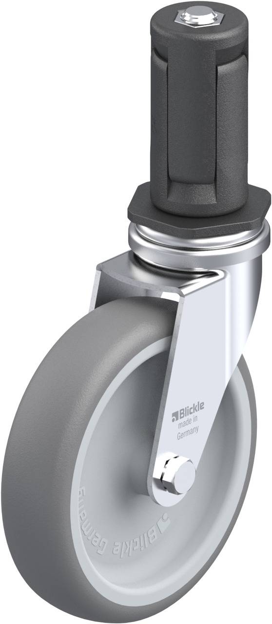 Grau-silberne Lenkrolle mit Bremsmechanismus, industriell gestaltet, für reibungslose Bewegung und Stabilität an Möbeln oder Geräten.