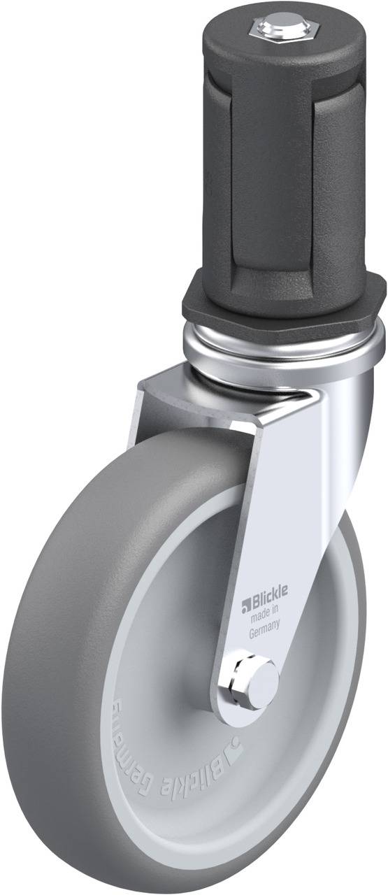 Laufrad mit grauer Gummibereifung und silbernem Metallgehäuse, ausgestattet mit einem schwarzen Stoßdämpfer oben.