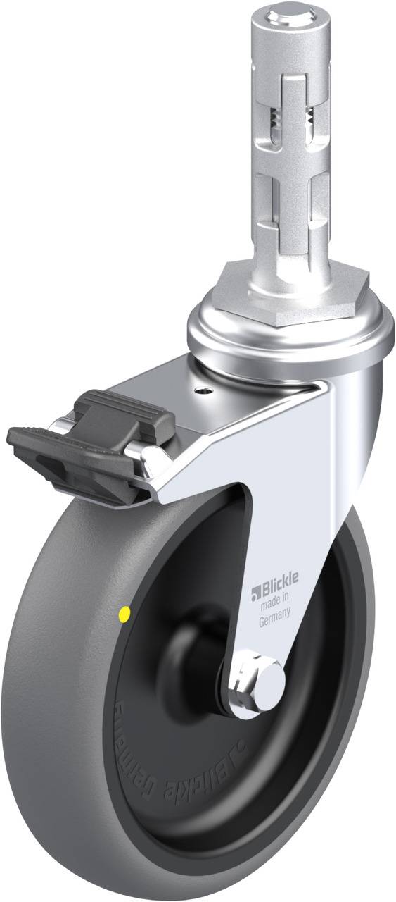 Industrie-Rollenrad in Silber und Schwarz mit Bremse. Geeignet für schwere Lasten, stabil und drehbar.