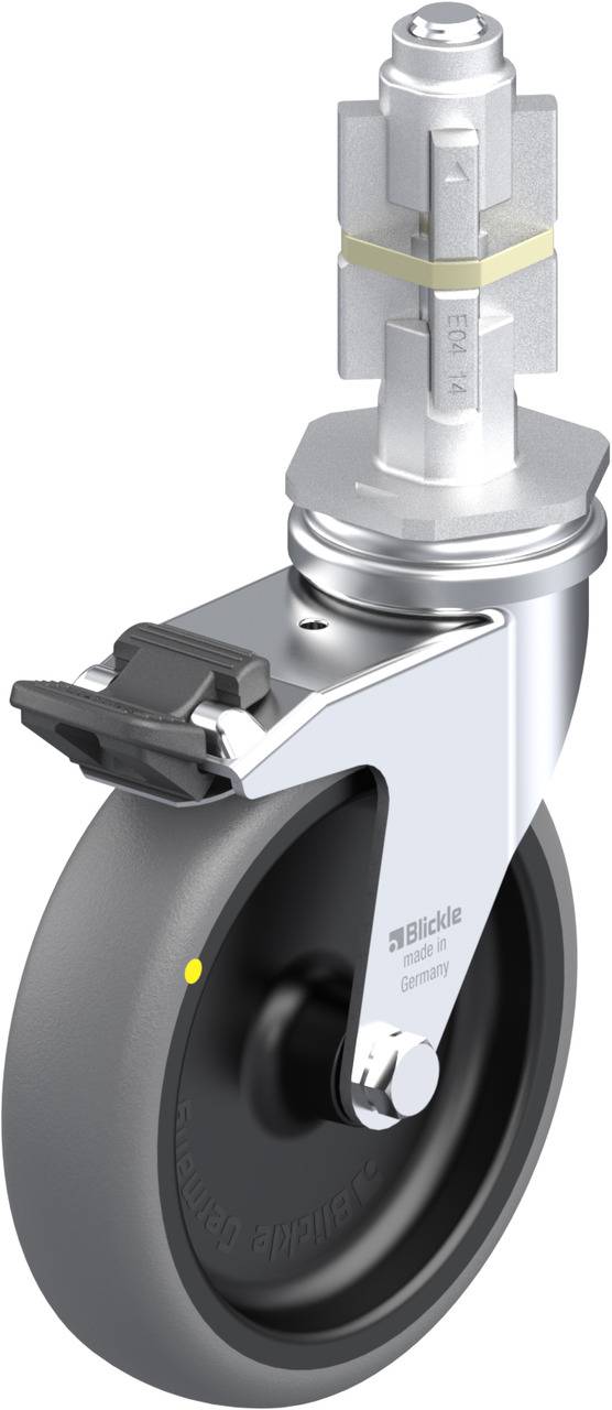 Schwenkrolle mit Feststellbremse, bestehend aus einem grauen Rad und einem silbernen Gestell. Geeignet für industrielle Anwendungen.