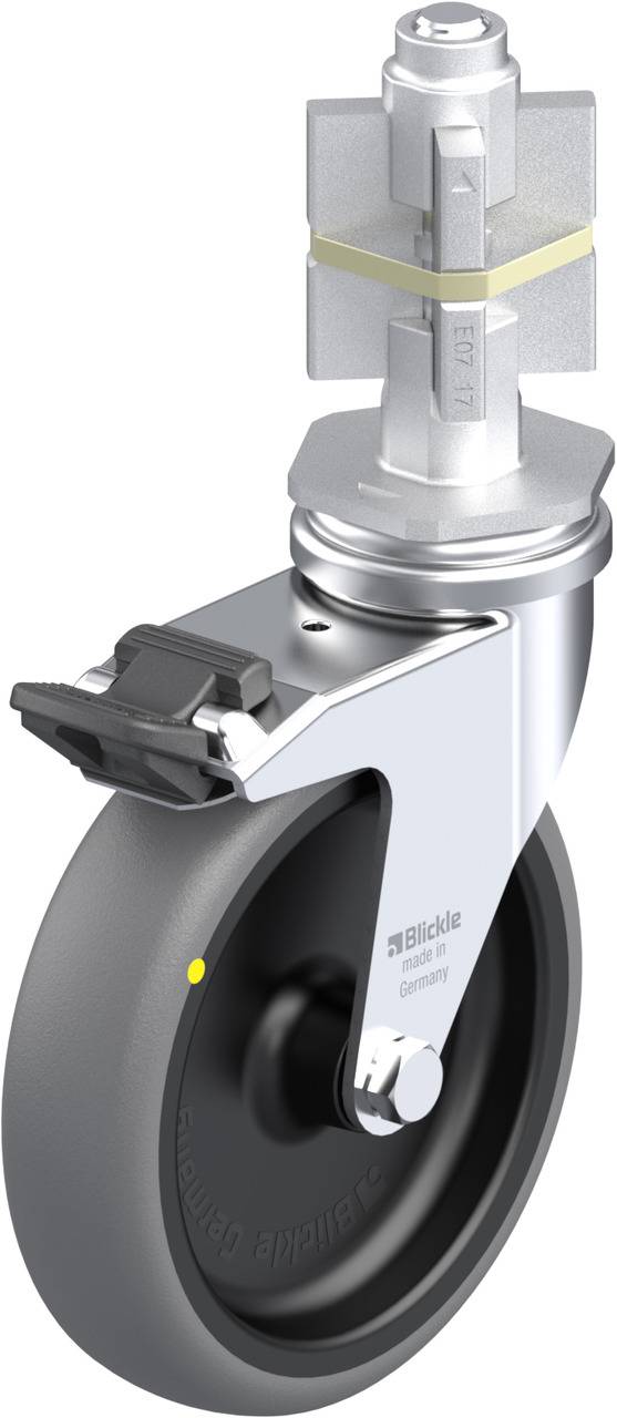 Rollstuhlrolle mit Metallschaft, schwarzem Rad und integriertem Bremssystem in seitlicher Ansicht.