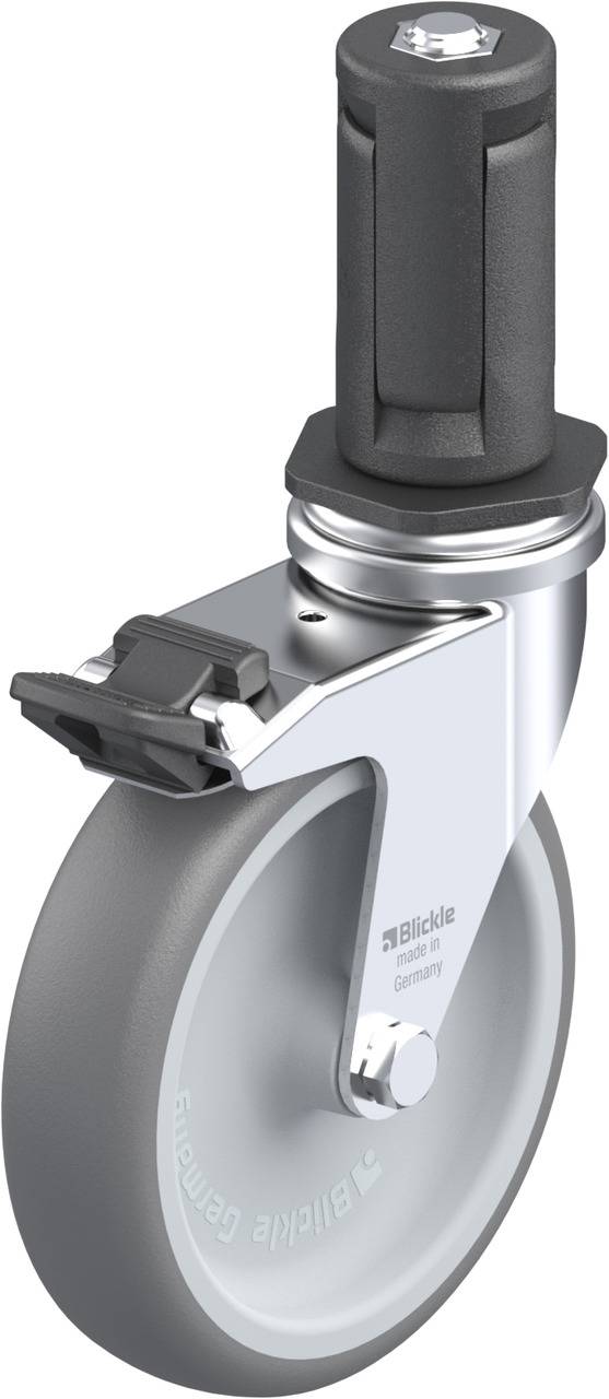 Schwenkrolle mit Bremse, graues Rad und schwarzem Halter. Verwendung in Transportwagen oder ähnlichen Geräten zur Bewegungserleichterung.