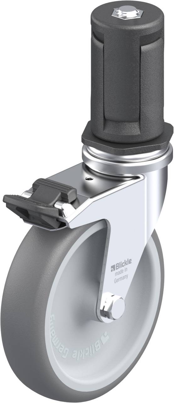 Industrie-Rad aus Metall mit grauer Gummibereifung und schwarzem Klemmenmechanismus, geeignet für bewegliche Geräte oder Möbel.