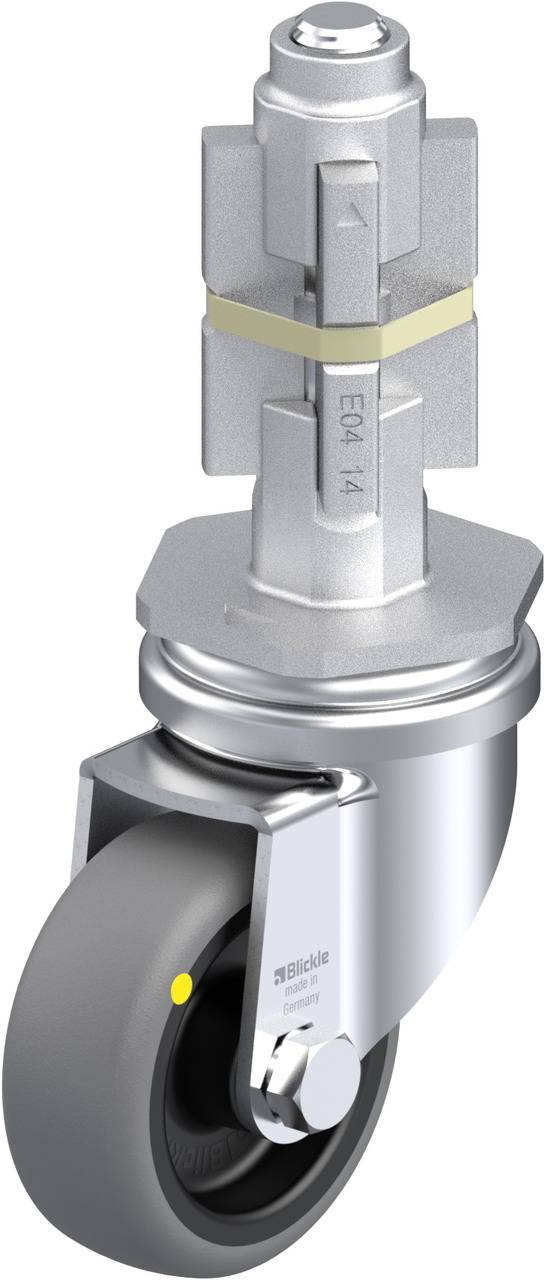 Das Bild zeigt eine graue Rolle mit Metallgehäuse, die von einer Stahlkonstruktion gesichert wird. Sie wird häufig in industriellem Kontext verwendet.