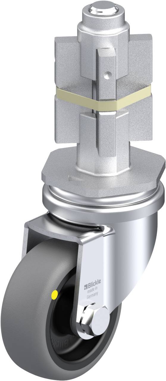 Metallisches Geräteteil mit silbernem Drehgelenk und schwarzem Rad, vermutlich eine Möbel- oder Geräte-Rolle, in Seitenansicht.