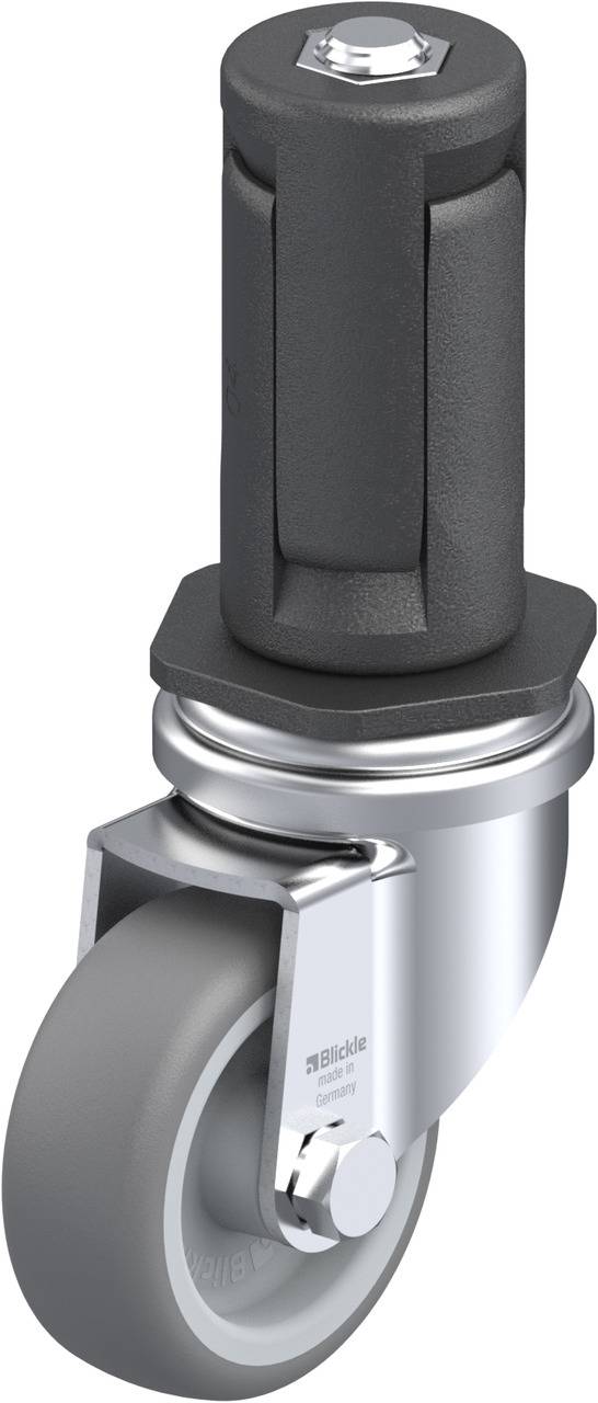 'Blickle HR-POA 138G-FI Alu-Guss-Gehäuse-Schwerlastrolle' mit grauem Rad und schwarzem Halter für Industrieanwendungen.