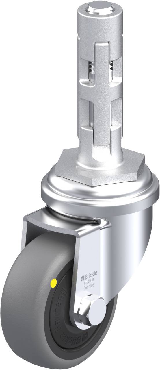 Drehbares Bockrad mit grauem Gummi und silbernem Metallgehäuse. Oben ein sechseckiger Metallanschluss zur Befestigung.