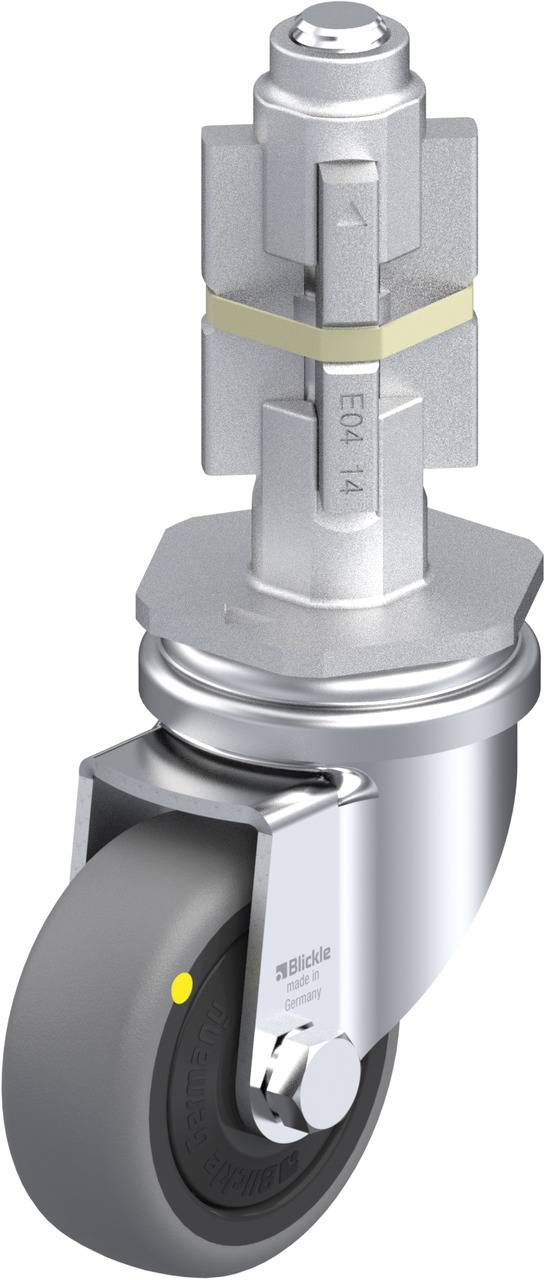 Industrierolle mit grauem Rad und Metallgehäuse, Schraubgewinde oben. Geeignet für schwere Lasten und einfache Mobilität.