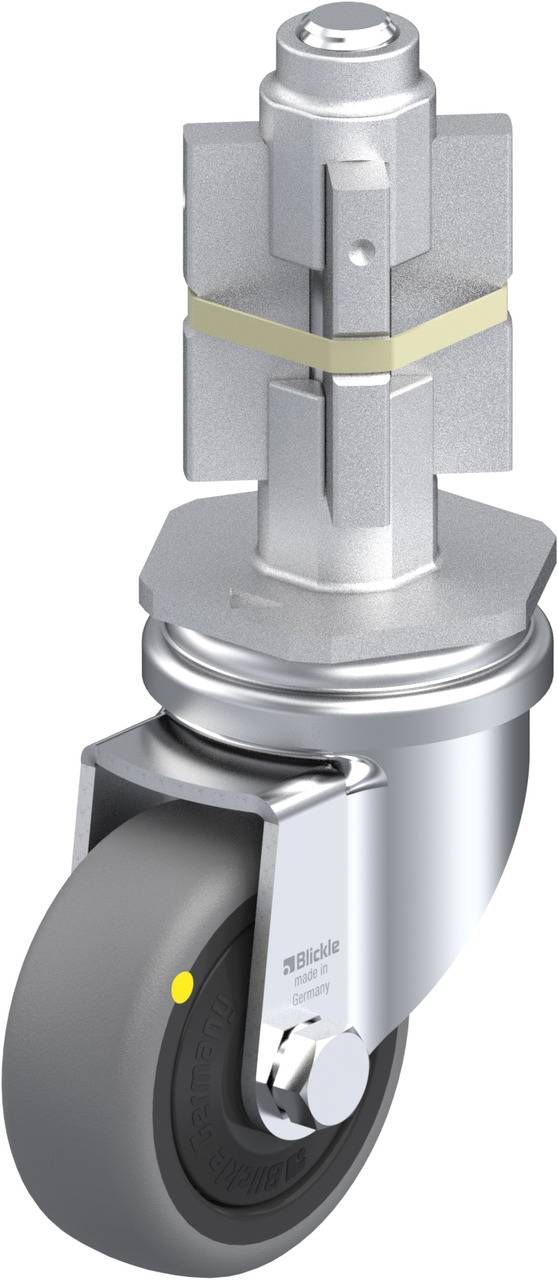 Industrie-Lenkrolle mit grauem Rad und silbernem Gehäuse, oben mit drehbarer Montagevorrichtung und Schraubanschluss.