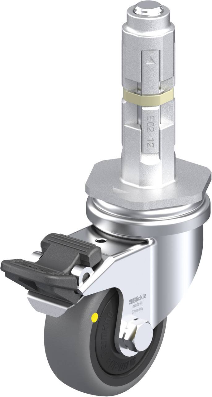 Industrie-Rad mit schwarzem Gummi, robustem Metallgehäuse und Bremse. Geeignet für schwere Lasten und industrielle Anwendungen.