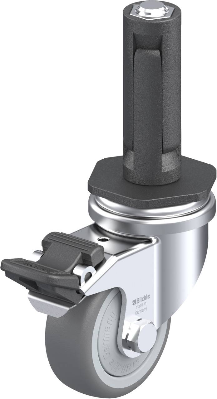 Metallisches Lenkrollenrad mit Feststellbremse und zylindrischem Stift. Verwendet für Möbel oder Geräte mit Rollen.