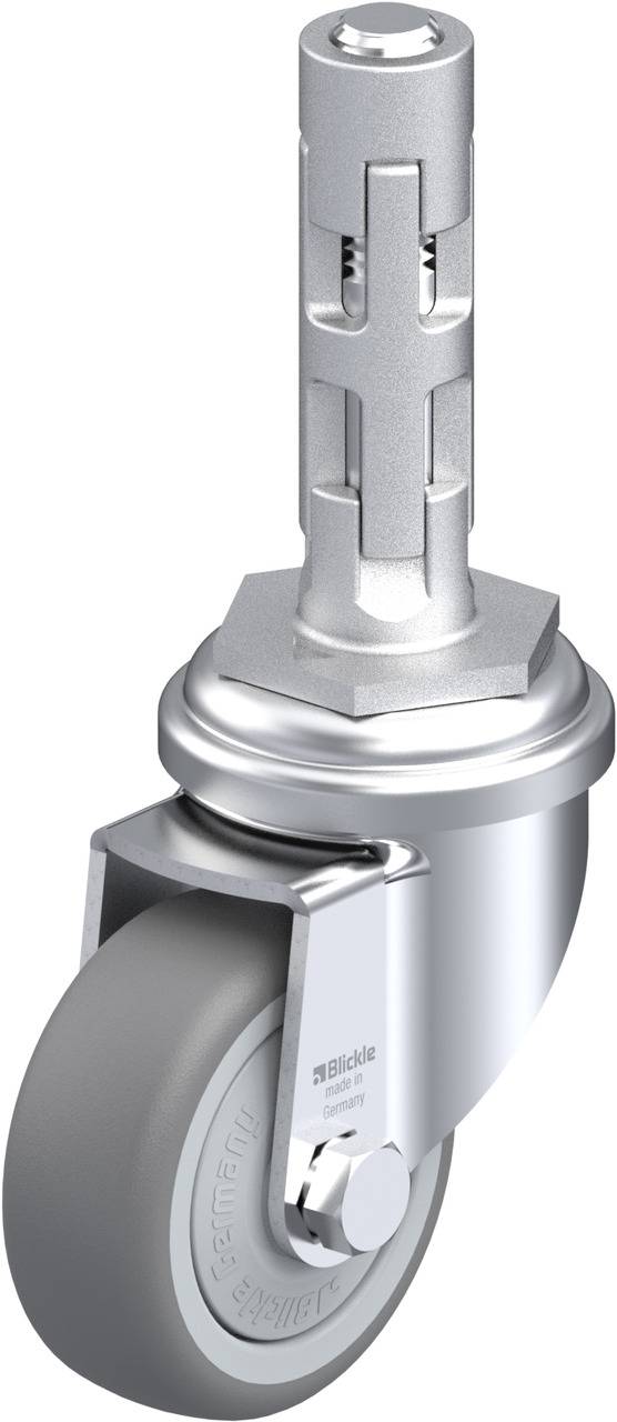 Ein graues Laufrollenrad mit silbernem Gehäuse und Befestigungsstift, geeignet für Möbel oder Gerätebewegungen.