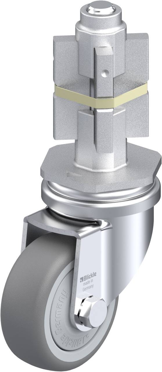 Ein graues Schwenkrad mit Metallplatte und Drehgelenk. Das Rad ist aus Gummi mit glattem Profil, geeignet für industrielle Anwendungen.