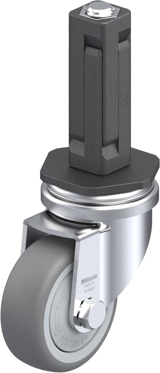 Lenkrolle mit zylindrischem Dorn, graues Rad, glänzendes Metallgehäuse, geeignet für Möbel oder Geräte.