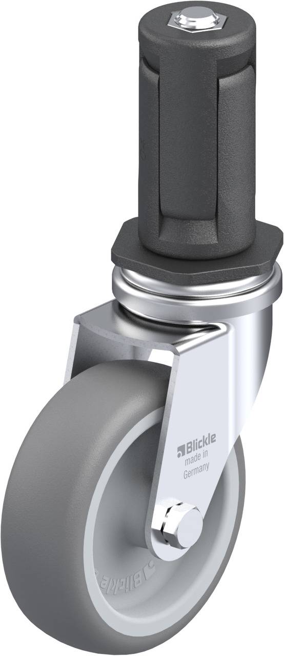 Grau-schwarze Lenkrolle mit grauem Rad, beschriftet mit 'Blickle Made in Germany'.