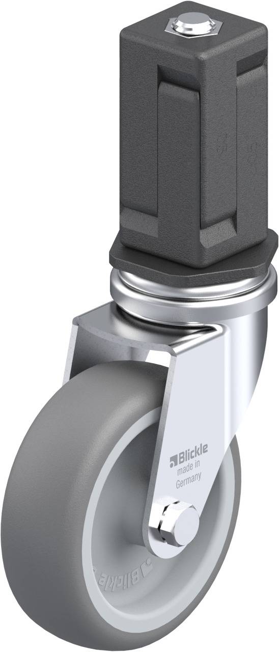 Industrie-Stopp-Lenkrolle mit grauem Rad und schwarzer Halterung. Entwickelt für schwere Anwendungen mit stabiler Bauweise.