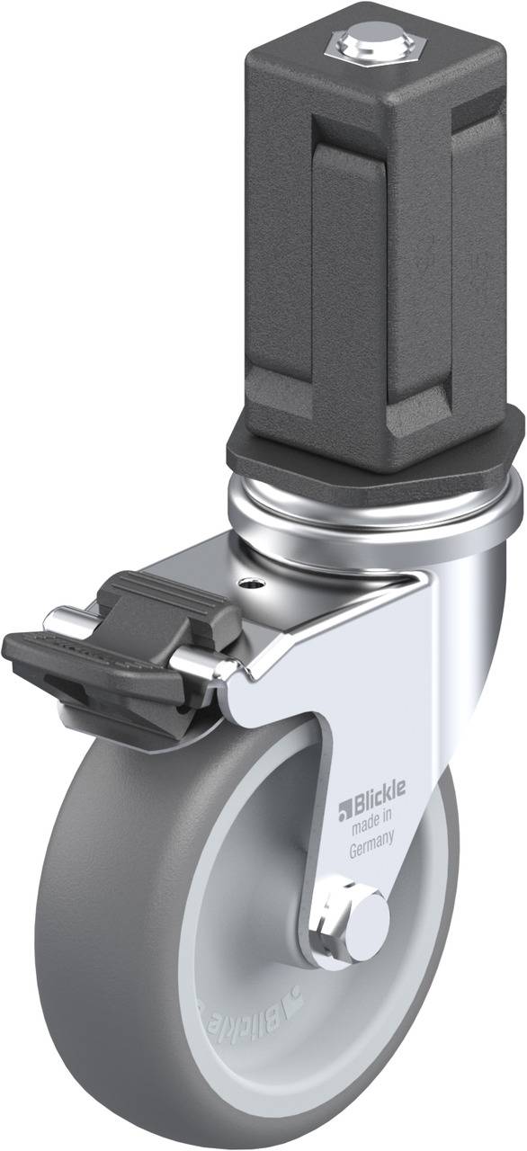 Ein drehbares Rad mit grauem Reifen und schwarzer Halterung, verwendet für Möbel oder Geräte.