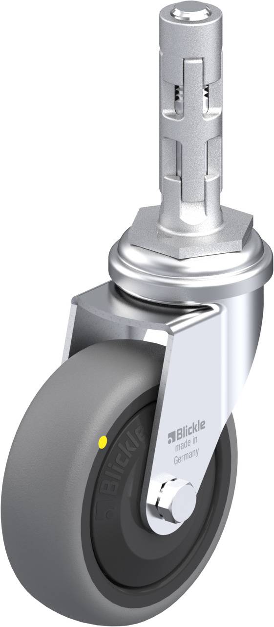 Grau-schwarzes Lenkrad mit Stahl-Gabel für Möbel oder Transportgeräte, präsentiert von einer seitlichen Perspektive.