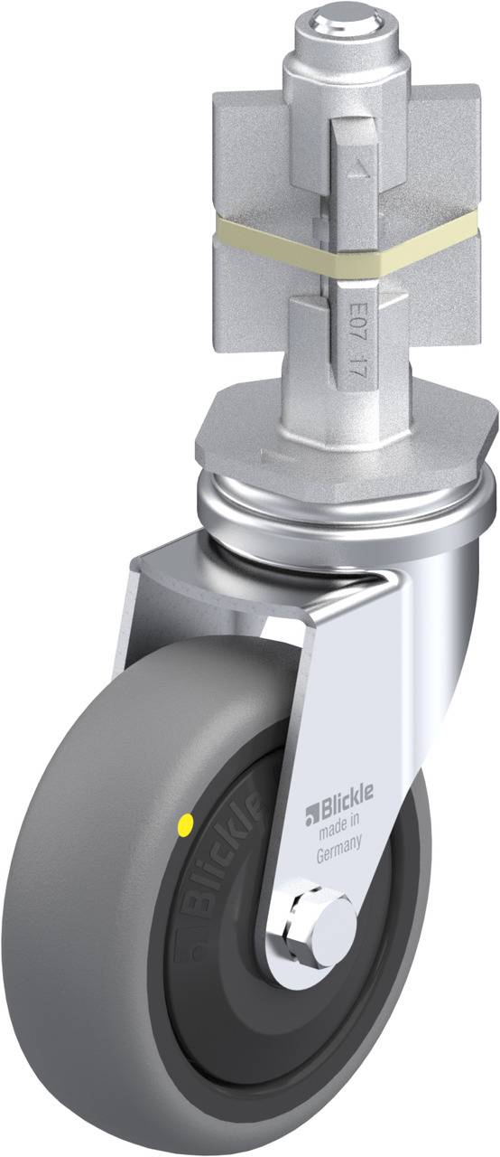 Eine einzelne lenkbare Apparaterolle mit grauem Rad und silberner Halterung, geeignet für industrielle Anwendungen.