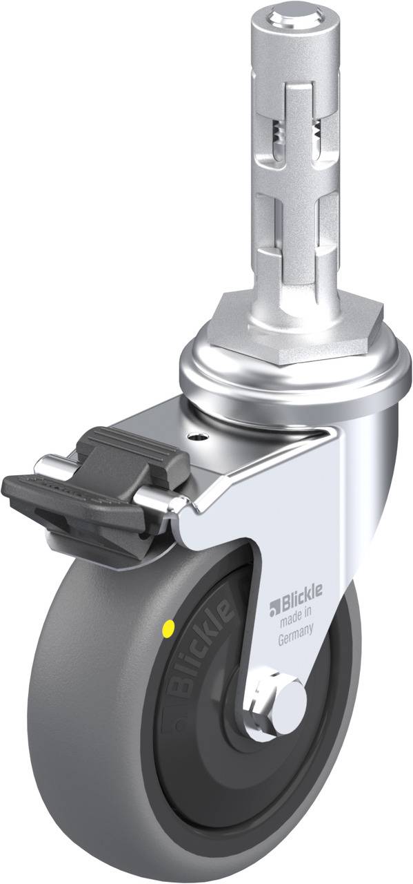 Grau-schwarzes Rolle mit Feststellbremse und zylindrischem Metallstift zur Befestigung, geeignet für Möbel oder Transportgeräte.