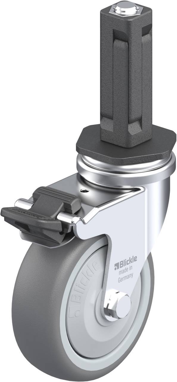 Graue Rolle mit feststellbarem Gehäuse und rechteckiger Metall-Halterung, geeignet für industrielle Anwendungen.