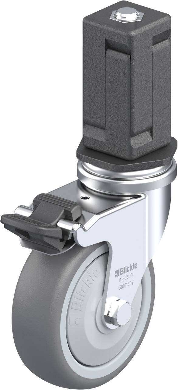 Lenkrolle mit feststellbarem Rad und Metallgehäuse, geeignet für schwere Lasten.