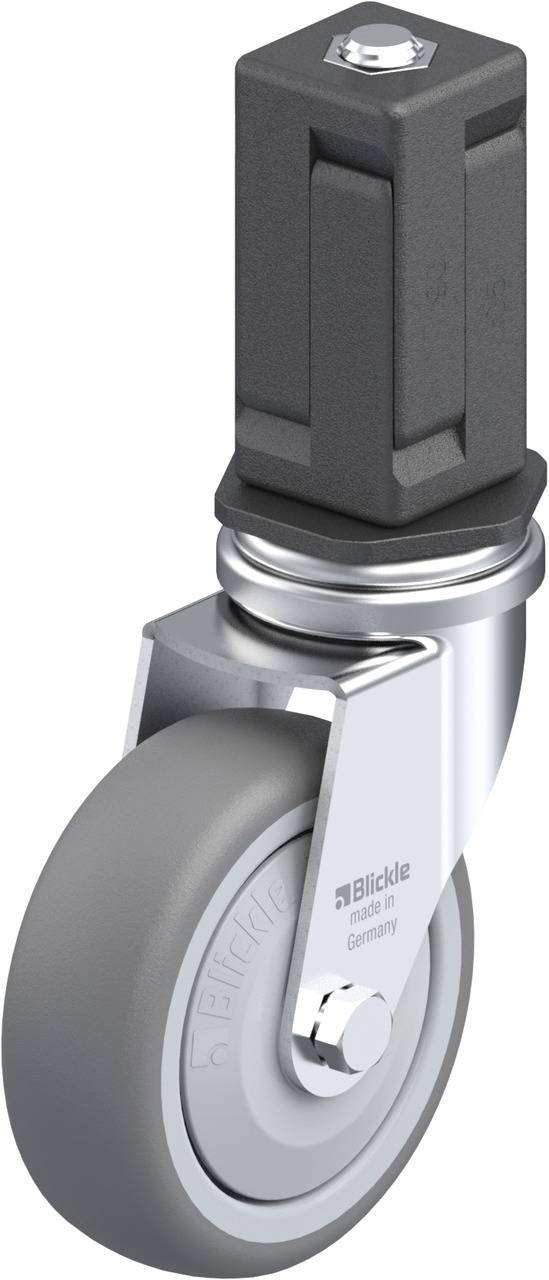 Industrie-Lenkrolle mit grauem Rad, silbernem Gehäuse und schwarzen Kunststoff-Komponenten, geeignet für robuste Anwendungen.