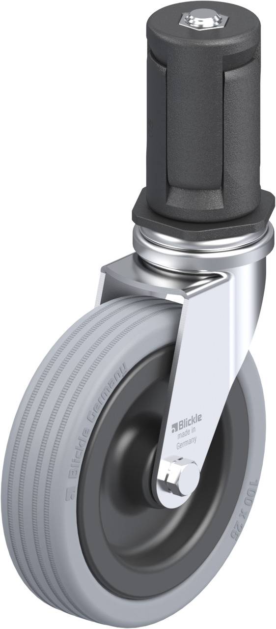 Drehbares Rad mit Gummireifen und Metallradgabel, geeignet für den Einsatz an Möbeln oder Geräten, um beweglich zu sein.