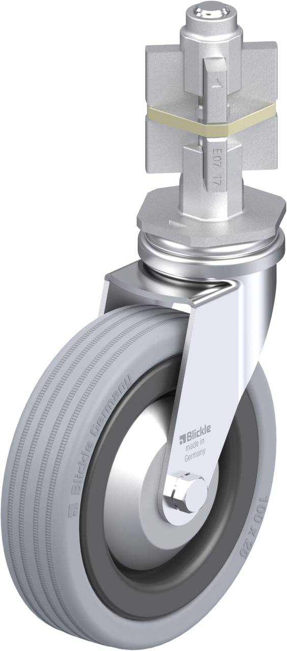 Metallrolle mit grauem Gummi, geeignet für Möbel oder Industriegeräte, Markenlogo 'Blickle Germany' sichtbar.