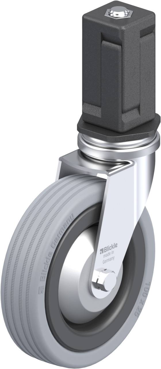 Ein einzelnes graues Lenkrad mit Metallarm und schwarzem Befestigungsstück. Geeignet für Transportgeräte oder Möbel.