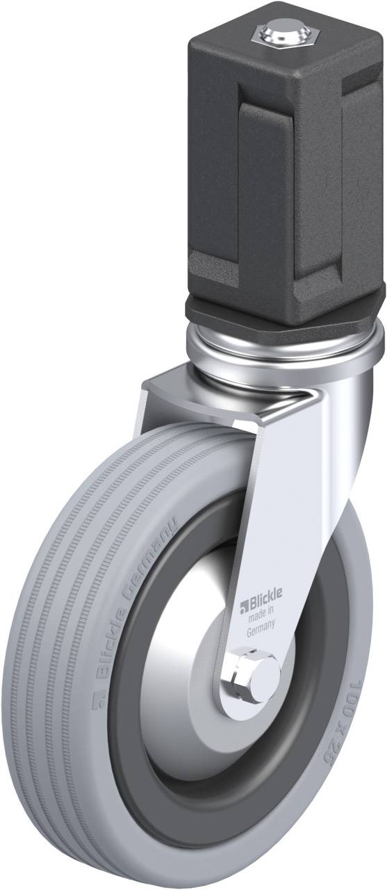 Fahrwerksrolle mit grauem Rad und schwarzem Gehäuse, geeignet für schwere Lasten. Markenname auf dem Rad sichtbar.