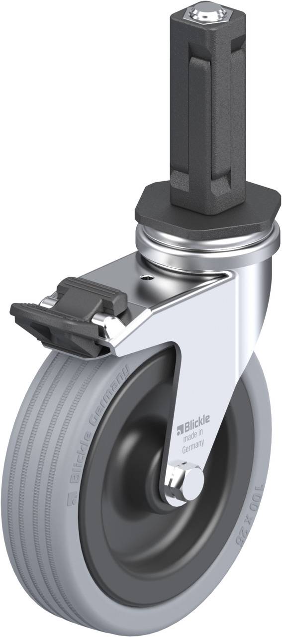 Rollenrad mit grauer Gummibereifung und schwarzem Gehäuse. Enthält einen Befestigungsbolzen und eine Bremse an der Halterung.