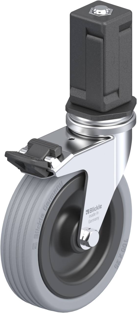 Industrie-Rollenlager mit schwarzem Gehäuse und grauem Rad, geeignet für Schwerlastanwendungen. Enthält eine Bremse für Stabilität.