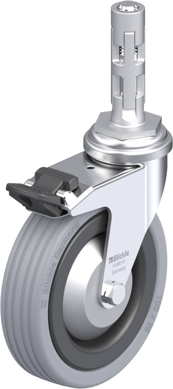 Industrie-Rollenrad aus Metall mit grauem Gummireifen und feststellbarer Bremse, geeignet für schwere Lasten.