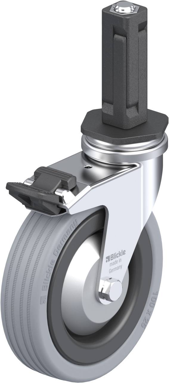 Industrie-Lenkrolle mit grauem Gummirad, Metallgabel und Befestigungsplatte. Geeignet für Geräte oder Möbelbewegung.