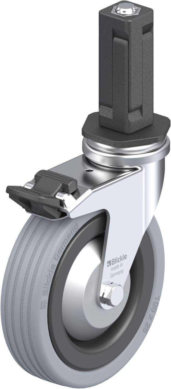 Industrie-Lenkrolle mit grauem Rad, Metallrahmen und grauem Bremssystem. Geeignet für schwere Lasten in industriellen Anwendungen.