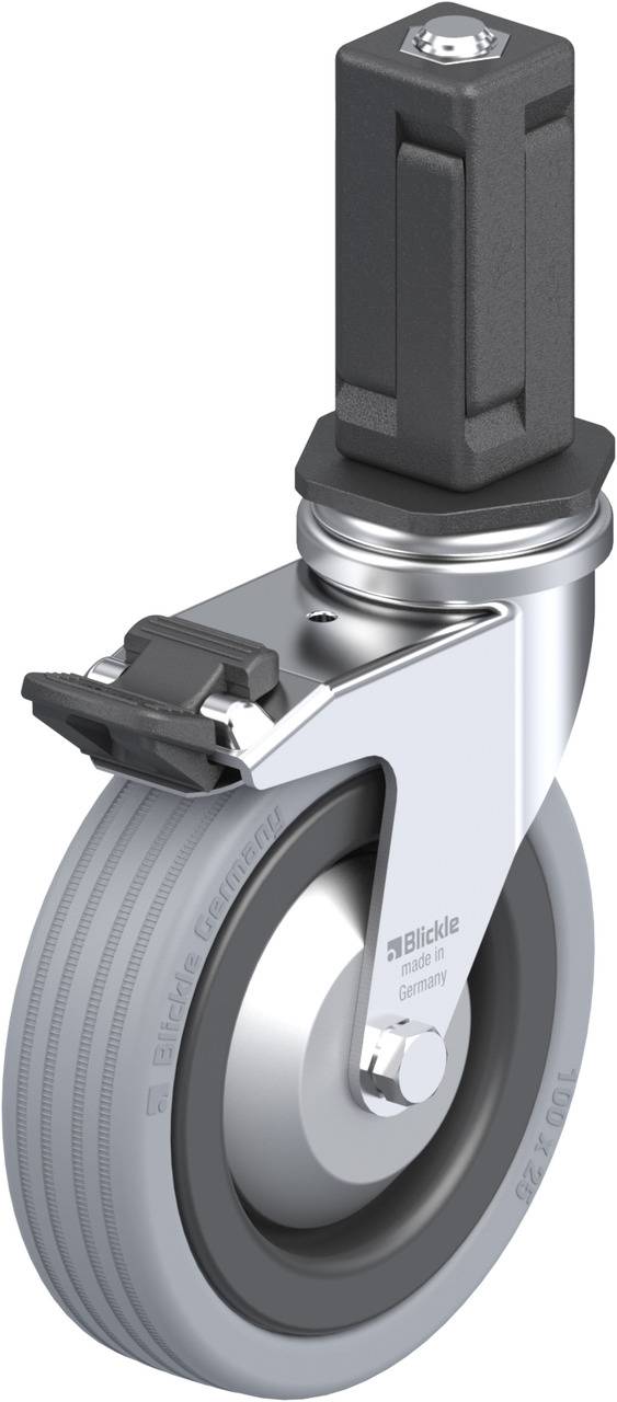Eine graue Lenkrolle mit Bremse und eckigem Befestigungsstift, geeignet für den Einsatz an Möbeln oder Transportgeräten.