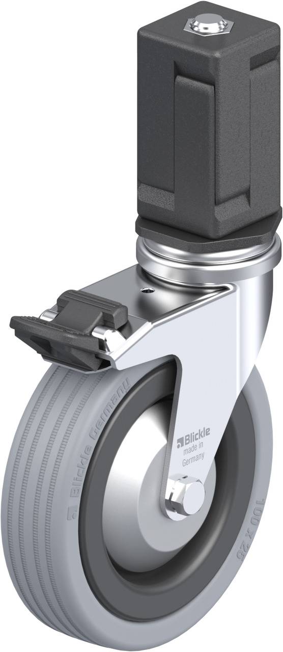 Industrie-Rollenrad aus Metall und Kunststoff mit grauem Gummireifen, Bremsmechanismus und schwarzem Gehäuse oben, geeignet für schwere Lasten.