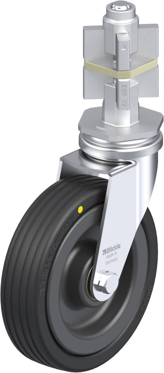 Schwenkrolle mit schwarzem Rad, silberner Gabel und Griff. Geeignet für Transportgeräte und Maschinenfarben.