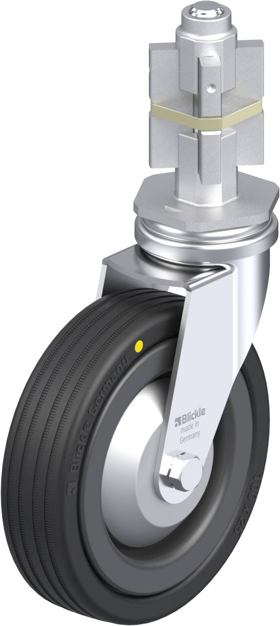 Industrie-Lenkrolle mit schwarzem Reifen und silbernem Gehäuse, geeignet für schwere Lasten.