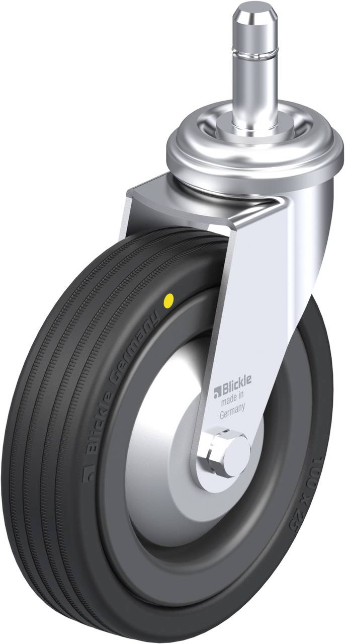 Industrie-Rad mit schwarzem Gummi und silbernem Metallgehäuse, geeignet für Maschinen oder Wagen.