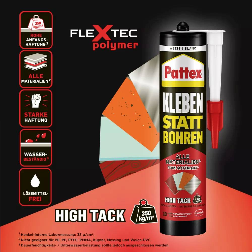 'Pattex Kleben statt Bohren' Kartusche, geeignet für alle Materialien, wasserbeständig, hohe Anfangshaftung bis 350 kg/m².