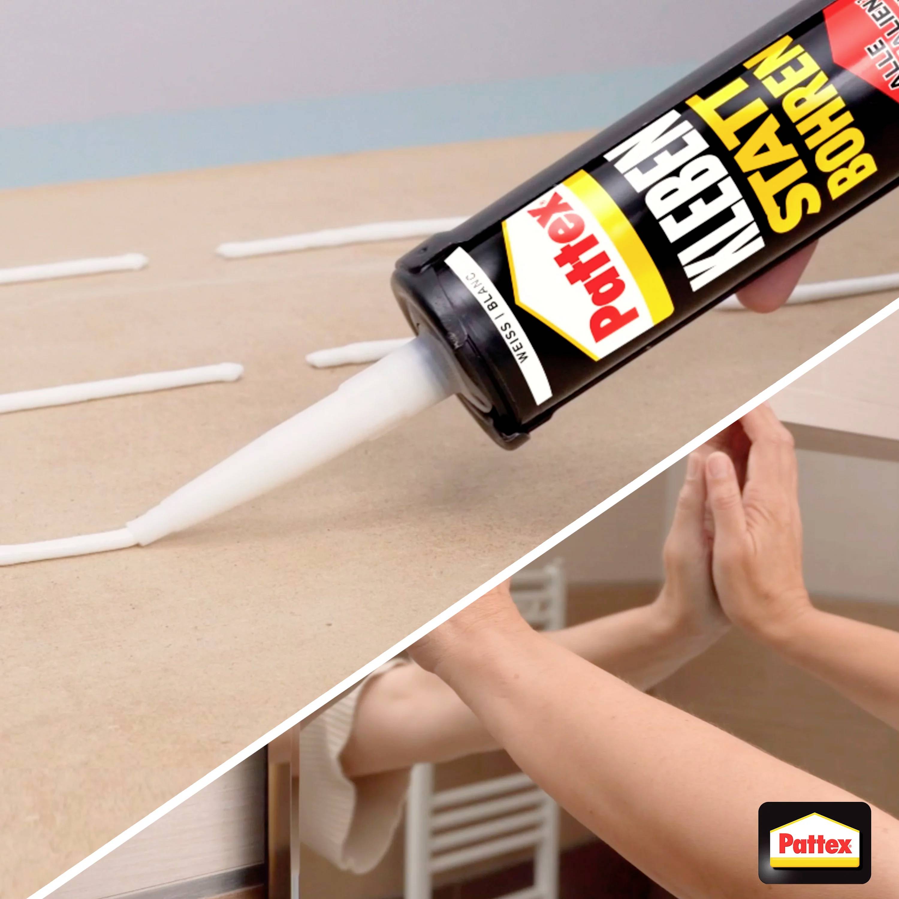 Kleber wird auf eine Oberfläche aufgetragen. Hände drücken zwei Objekte zusammen. Pattex-Logo in der Ecke.
